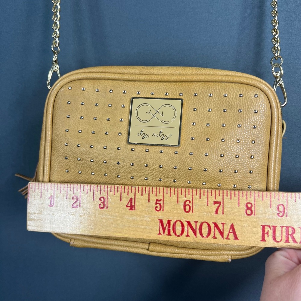 Itzy Ritzy Mustard Yellow Studded Crossbody Bag Tassel Camera Bag Gold Chain - Picture 6 of 16